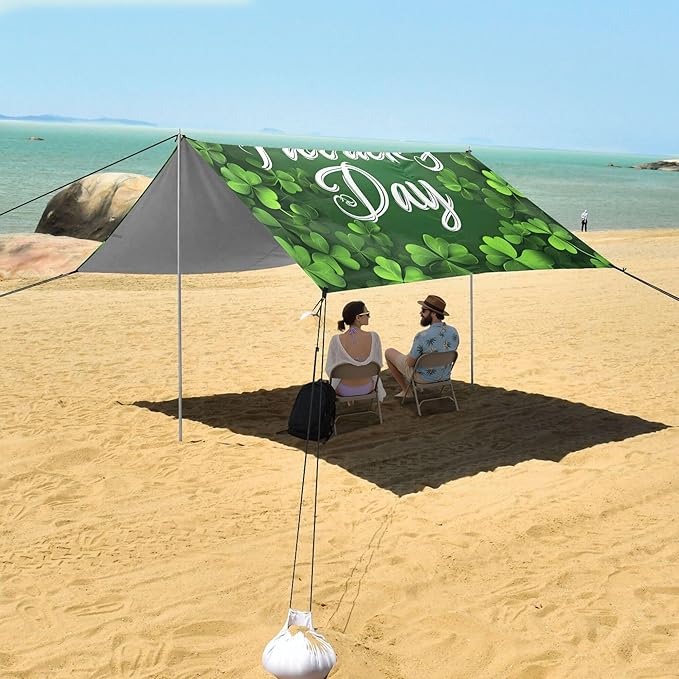 St. Patrick's Day Beach Canopy Sun Shelter with Sandbags &amp Sand Shovel &amp Windproof Ropes - Portable 110x126 Beach Shade Beach Tent for Camping Picnics