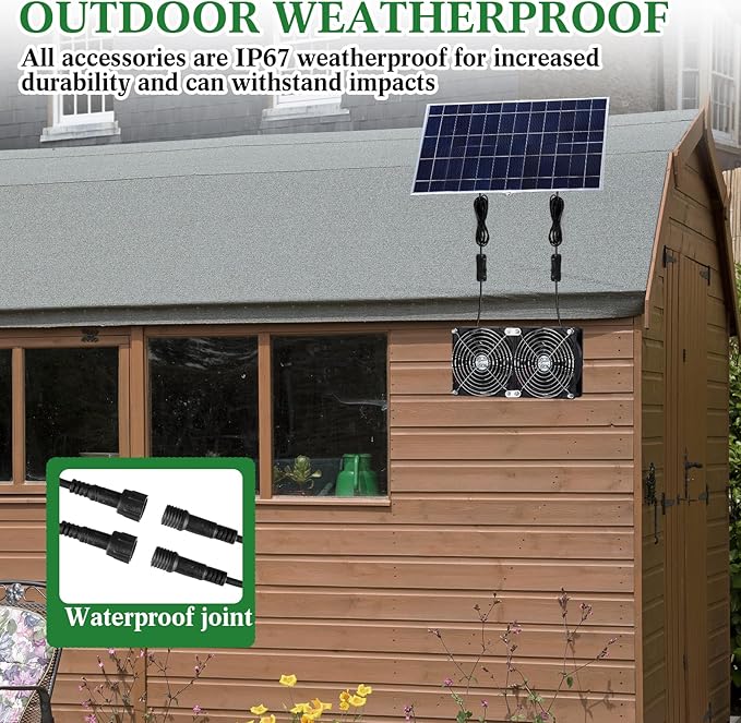 Glooglitter 20w Solar Powered Fan Kit for Chicken Coop IP67 Waterproof Dual Solar Greenhouse Fan 3500 RPM High Speed Exhaust Fan with 10ft Cable for Shed Pet House Window Outside Inside(1 Set)