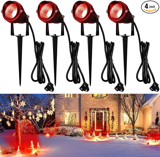 Rossesay 4 Pcs Christmas Red Spotlight Outdoor Plug in Landscape Lighting 12w Ip66 Waterproof LED Lights with Spiked Stand 270° Adjustable Outdoor Spot Lights for Yard Lawn Garden Tree Flags Holiday