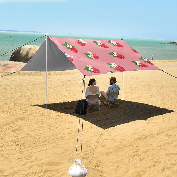 ALAZA White Strawberry Flower Pattern Beach Tent Sun Shelter Portable Canopy Sunshade for Outdoor Camping Picnics Backyard Fun 10x9 ft