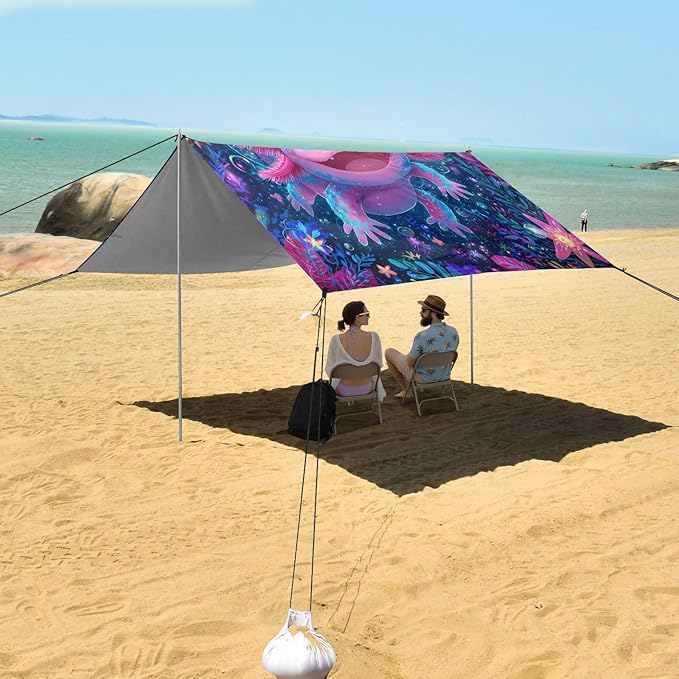 ALAZA Salamander Cute Axolotl Beach Tent Sun Shelter UPF50+ Protection Beach Shade Canopy w/ 4 Sandbags for Outdoor Camping Fishing Backyard Fun Picnic 10x9 ft