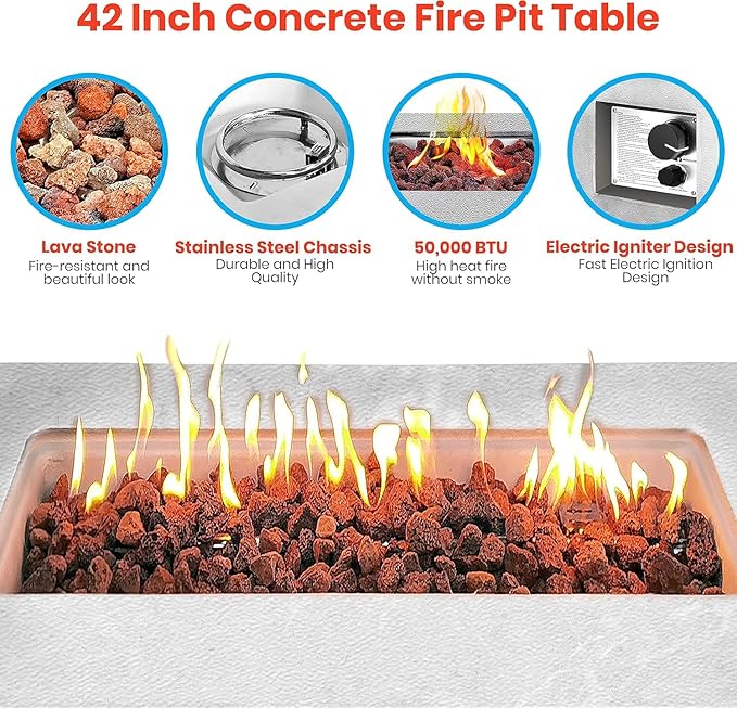 SereneLife Concrete Outdoor Propane Fire Pit Table - CSA/ETL Certified Safe 50000BTU Pulse Ignition Weatherproof Square Propane Gas Fire Table - Adjustable Flame Thermocouple - PVC Cover