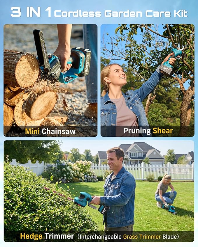 SEESII Electric Chainsaw Trimmer Pruner: 3-in-1 Cordless Chainsaw Hedge Trimmer Pruning Shears with 2× Rechargeable 4000mAh Batteries Garden Tool Kit for Tree Trimming and Branch Cutting