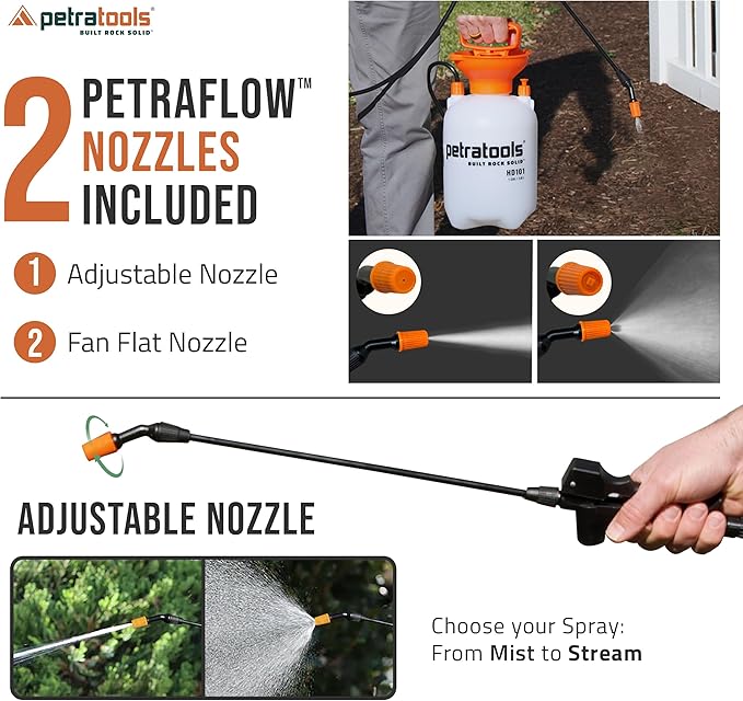 Petratools 1 Gallon Pump Sprayer – HD101 Garden Sprayer for Weeds Lawn Care &amp Pesticides – 52” Long Hose 2 Nozzles &amp Easy Carry Handle – Durable &amp Lightweight