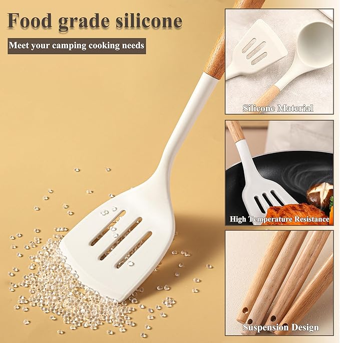 Camping Accessories Kitchen Cooking Utensils Set - Portable Outdoor Camp Cookware Set Silicone Camper Essentials Gear Must Have Supplies for Travel RV BBQ Grill Picnic Hiking