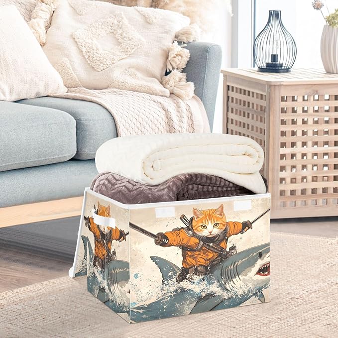 AIXIWAWA Lidded Storage Cube (Cat Samurai) Fabric Foldable Closet Bins with Flip Lid and Handles Organizer Basket Container 16.5 x 12.6 x 11.8 IN