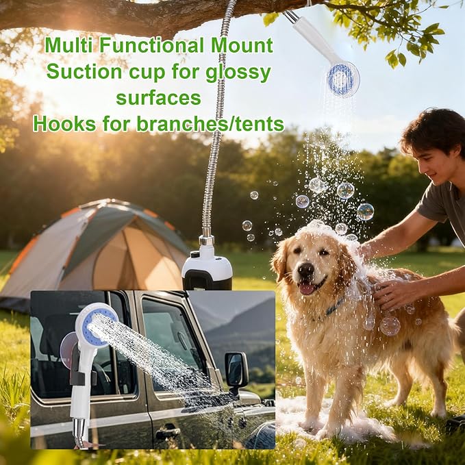 Ymiko Portable Camping Shower with Built in Light 2000mAh Battery Operated Outdoor Shower Pump with Flexible Mounting System for Camping Hiking Travel Washing Pets and Vehicles
