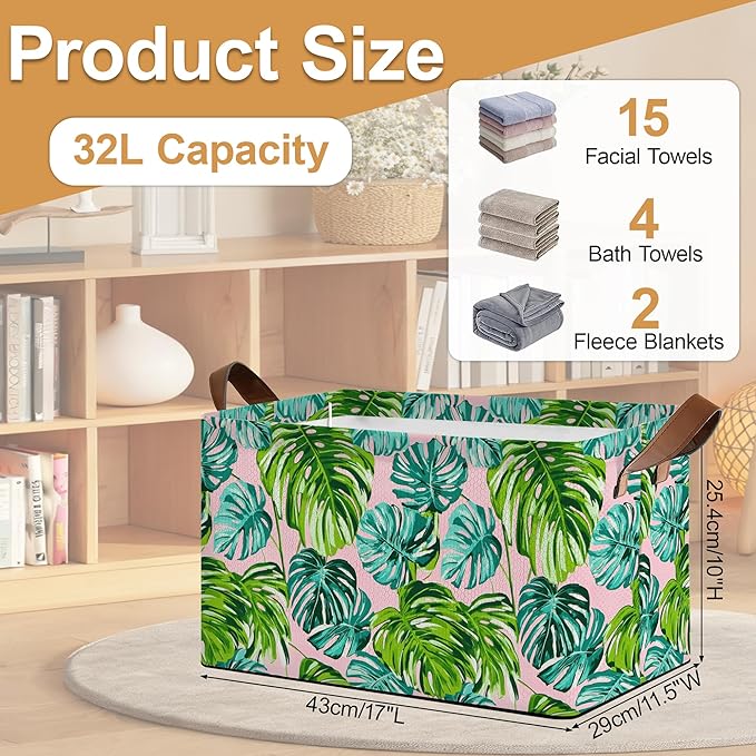 Storage Bin with Handles Palm leaves Collapsible Laundry Baskets for Books Laundry - Use in Nursery Closet Organizers and Storage Blanket Basket