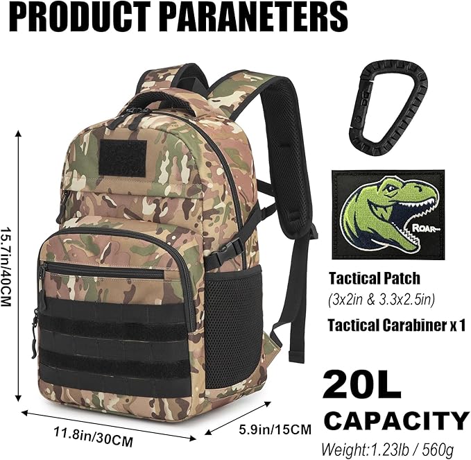 Kids Tactical Backpack Army Molle Bookbag Military Boys Backpack for School Outdoor Camping (Includes 2 Patches+1Carabiner) CM