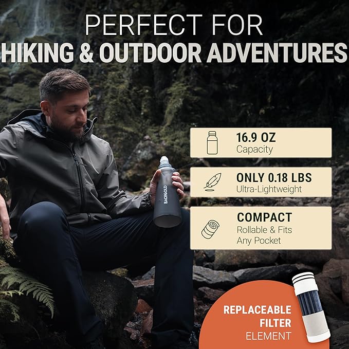 Water Filter Camping – Bachgold Squeeze Foldable Squeeze Bottle | Ultralight Backpacking Filtration for Hiking Survival &amp Emergency | Dual-Stage Filtration Swiss Design
