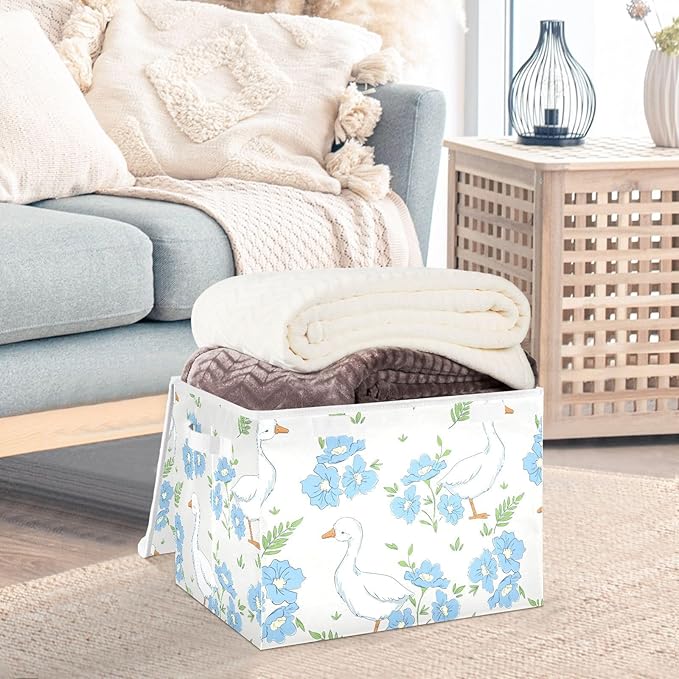 susiyo Large Foldable Storage Bin with Flip-Top Lid Cute Goose and Flowers Storage Box Collapsible Closet Organizer Containers Boxes Decorative Baskets with Handles for Home Bedroom Living Room Offic
