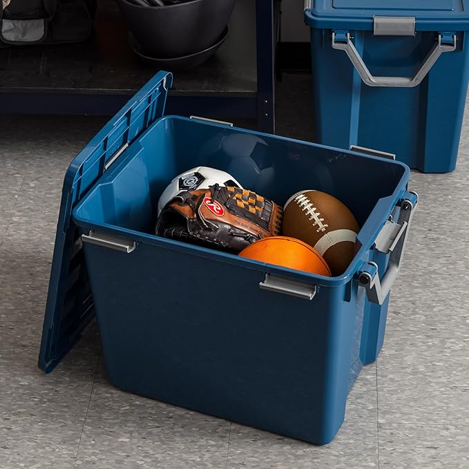 IRIS USA WeatherPro 103 Qt Eco-Friendly Storage Bins with Lids 2 Pack BPA-Free Plastic Gasket Box with Tight Latch and Seal Stackable Nestable Tote Tub - Navy