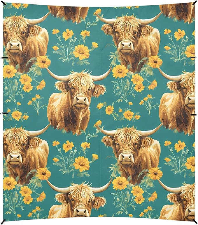 ALAZA Highland Cattle Chrysanthemum Pattern Beach Tent Sun Shelter Portable Canopy Sunshade for Outdoor Camping Picnics Backyard Fun 10x9 ft