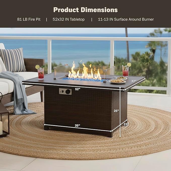 52 Inch Outdoor Fire Pit Table 50000 BTU Propane Fire Pits with Wind Guard and Fire Glass CSA Certified Patio Fire Table Rectangular Aluminum Rattan Fire Table for Outside Patio Backyard Brown