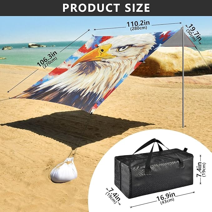 ALAZA Eagles Star Independence Day Beach Tent Sun Shelter Portable Canopy Sunshade for Outdoor Camping Picnics Backyard Fun 10x9 ft