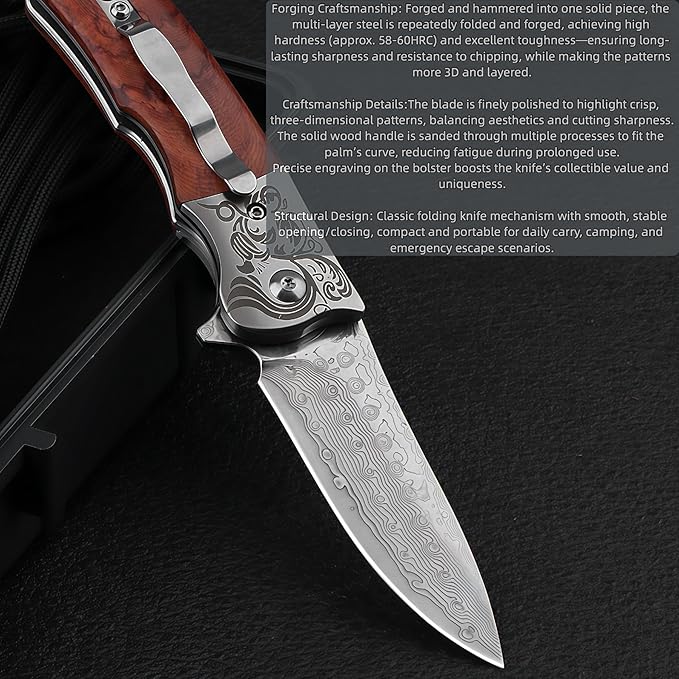 Damascus Steel Knife Knives for Men HRC 60 Rosewood Handle Hand-Forged Damascus Folding Knife Gifts for Hunters Men who have Everything Camping Knives &amp Tools Gift Ideas for Boyfriend