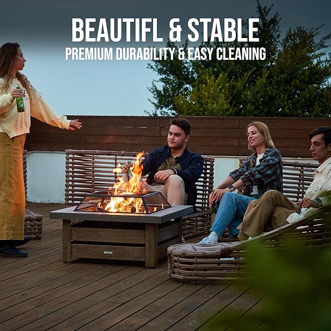 WILDMOS Firepits for OutsideWood Burning Fire Pit with Wood-Grain Side PanelsFirepit for Outside with Mesh Cover &amp Fire PokerSquare Modern Outdoor Fireplace Fire Table. (Countryside)