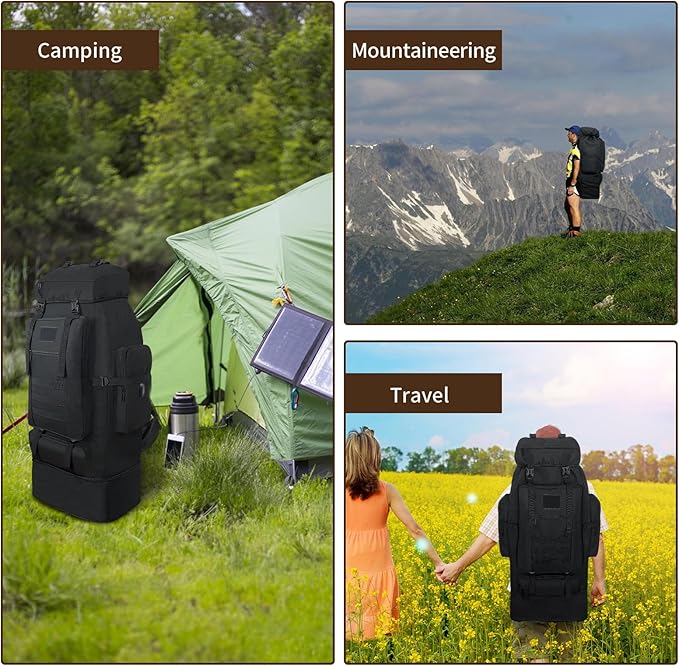 70L/100L Hiking Backpack with USB Charging Port Expandable Large Military Tactical Backpack Waterproof MOLLE Rucksack Travel Backpacking Daypack for Camping Climbing (Black)