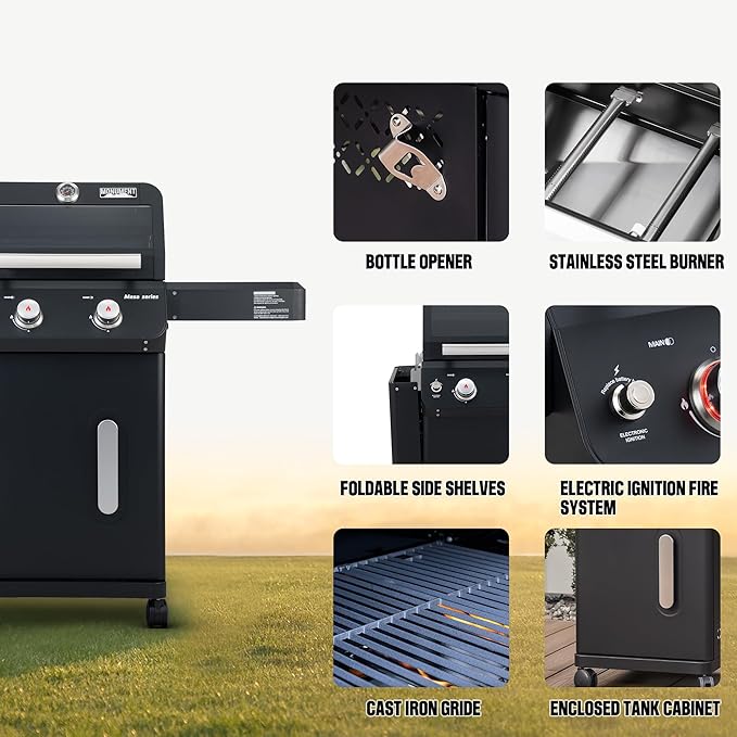 Monument Grills 2-Burner Foldable Stainless Steel Liquid Propane Gas Patio Garden Barbecue Grill with Clearview® Lid Knob Control Mesa220 with BBQ Cover