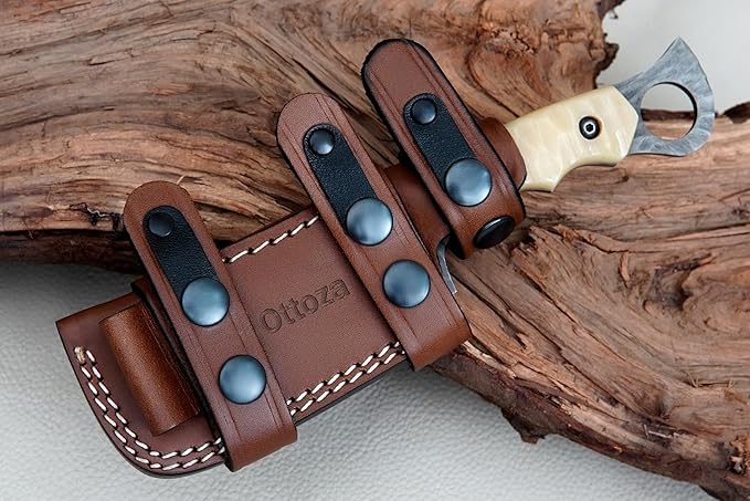 Ottoza Small Seax Tactical Knife with Fixed Blade - Durable Outdoor EDC Knife with Leather Sheath Horizontal Carry - Bone Handle 386