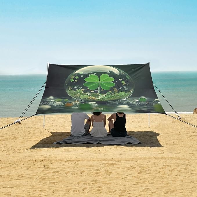 St Patrick's Shamrocks Pattern Beach Tent Sun Shelter Set UPF50+ UV Protection 10.5 x 9.19 FT Camping Shade Canopy with Sandbags Sand Anchors Carrying Bag and Others