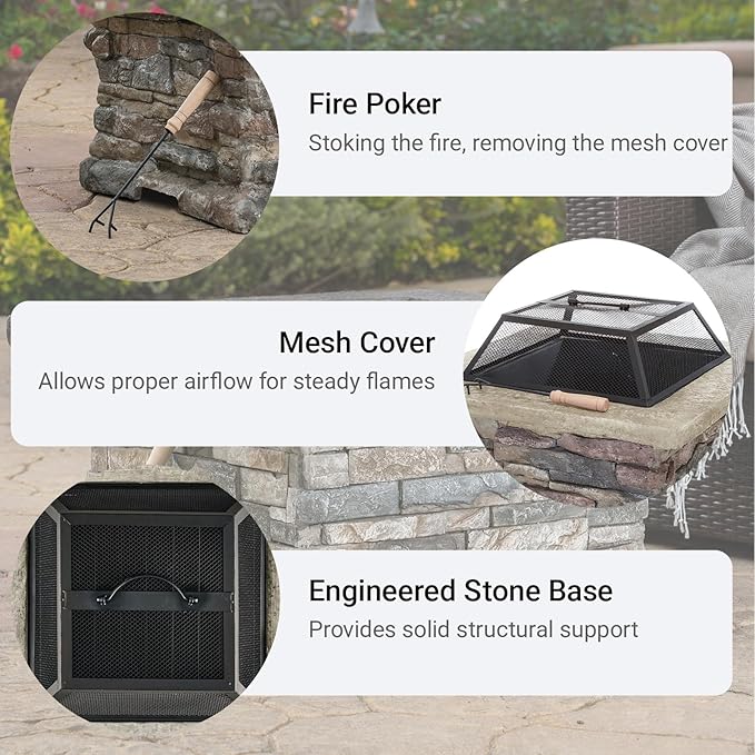 Outdoor Fire Pit Table 28.5 Inch Wood Burning Fire Pit for Patio with Spark Screen Fire Poker MGO Square Fireplace for Camping Garden Backyard Bonfire Party Stone Gray