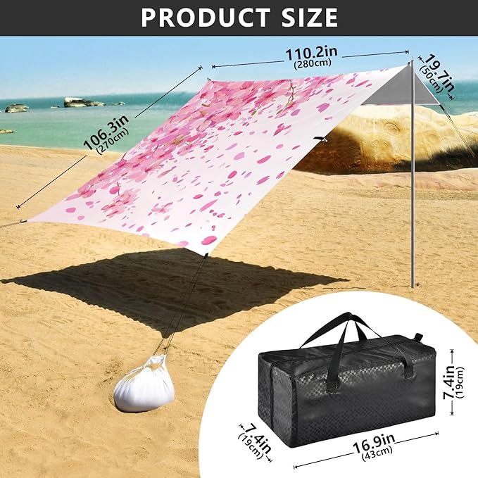 ALAZA Pink Cherry Blossom Petal Beach Tent Sun Shelter UPF50+ Protection Beach Shade Canopy w/ 4 Sandbags for Outdoor Camping Fishing Backyard Fun Picnic 10x9 ft