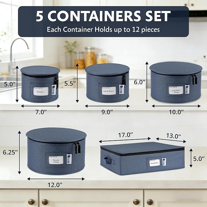 China Storage Hard Shell Containers 5-Piece Set Moving Boxes for Dinnerware Glasses Plates Mugs and Saucers Sturdy Dish Organizer with Dividers for Seasonal Storage - Service for 12 - Denim Blue
