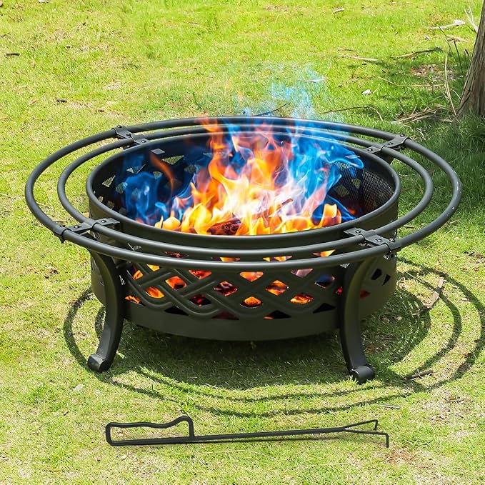 Panovue 36 Inch Fire Pit with 2 LoopsCrossweave Wood Burning Fire Pits for Outsidewith Spark ScreenFire PokerRound Outdoor Firepit for PatioYardGardenCampingBonfire(36''Black)