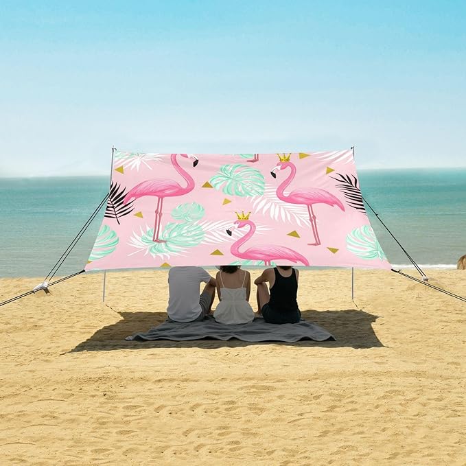 xigua Flamingos Beach Tent Sun Shelter with Carrying Bag - Silver Coated Oxford Fabric Beach Canopy for Beach Camping Fishing - Includes Windproof Ropes Sandbags &amp Stakes