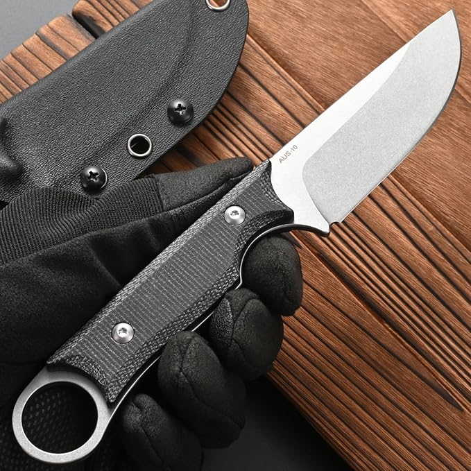 FF103 Fixed Blade Knife AUS-10 Steel Blade Micarita Handle Full Tang Knife for Outdoor Camping Hunting Fishing Working(Black)