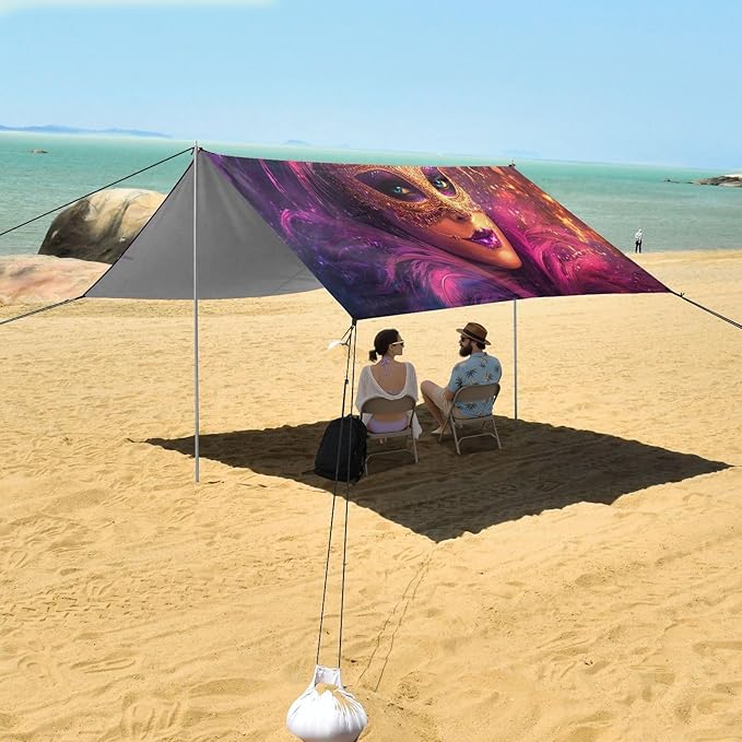 Carnival Masquerade Mask Mardi Gras Beach Tent Sun Shelter Set UPF50+ UV Protection 10.5 x 9.19 FT Camping Shade Canopy with Sandbags Sand Anchors Carrying Bag and Others