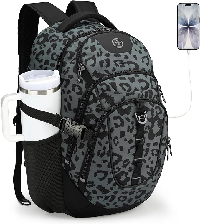 Swissdigital Laptop Backpack with USB Charging Port Travel Backpack Fits 15.6 inches Computer 31L Backpack for Men Gray Leopard | SD803-101