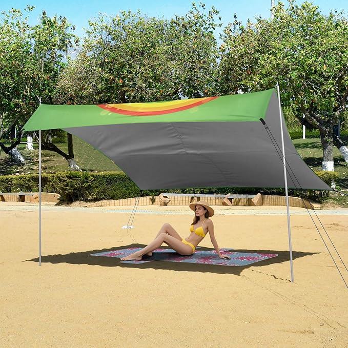 Beach Canopy with Windproof Ropes &amp Sandbags Beach Tent Sun Shade Sun Shelter for Camping Trips Fishing Backyard Fun or Picnics St. Patrick's Day