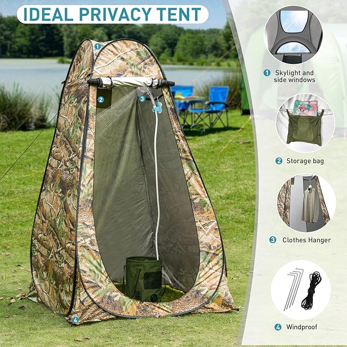 Portable Hot Shower for Camping Shower Tent Kit 1000W Immersion Heater Rechargeable Camping Shower Pump Pop Up Shower Tent with 6.6 Gallons Folding Bucket for Adults Outdoor