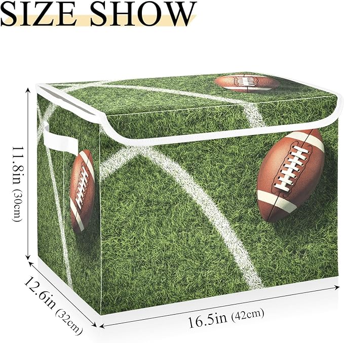 Foldable Storage Bin Basket with Lid - Football Field Sport Large Collapsible Storage Box Organizer for Home Office &amp Books Clothes Storage 16.5x12.6x11.8