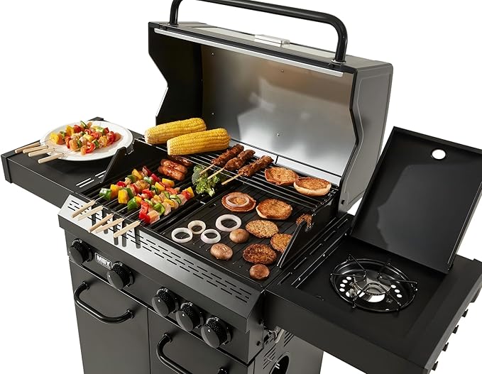 4 Burner Propane Gas Grill with 1 Side Burner 50000 BTU Outdoor BBQ Grill Heavy-Duty Steel Construction Cast Iron Cooking Grates &amp Griddle Backyard Patio Barbecue