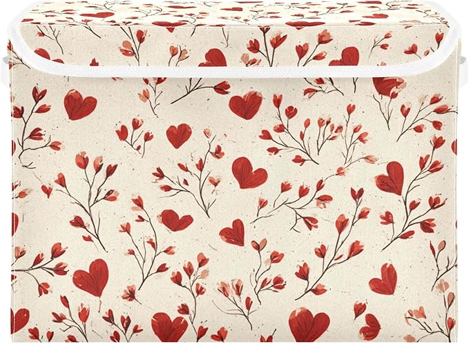 Valentine Hearts Flowers Beige Storage Box with Lid 1 PC Foldable Storage Bin with Lids Stackable Storage Bins Cube Closet Organizer Basket with Flip-Top Lid &amp Handles for Shoes Books Towels