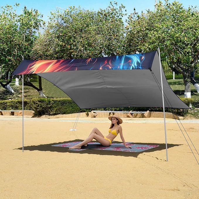 ALAZA Lion Portrait Flame &amp Ice Beach Tent Sun Shelter UPF50+ Protection Beach Shade Canopy w/ 4 Sandbags for Outdoor Camping Fishing Backyard Fun Picnic 10x9 ft