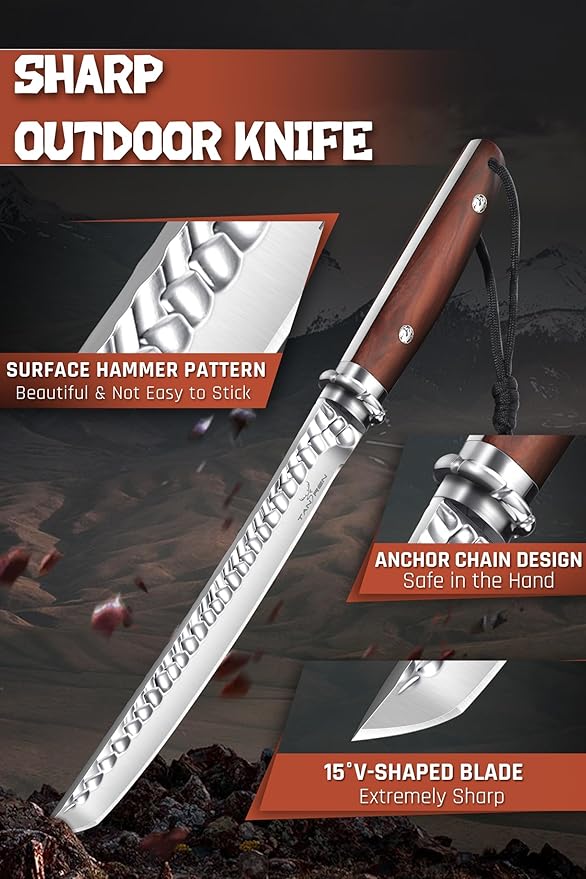 TAN REN Hunting Knife with Sheath 8.3 Inch Fixed Blade Survival Outdoor Knife with Wooden Handle for Camping Bushcraft Christmas Gifts for Men
