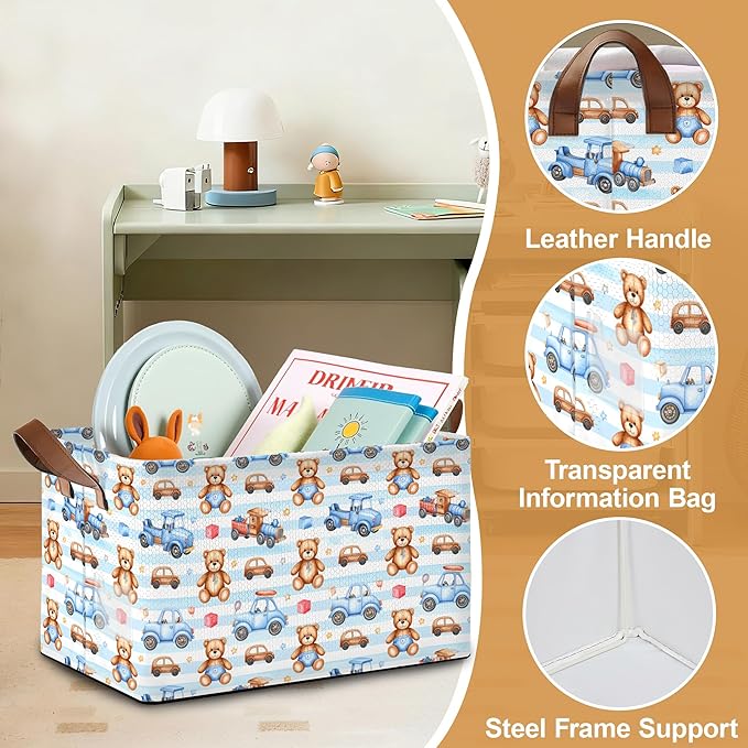 32L Large Storage Bins with Handles Basket Organizer for Shelves Closet Books Laundry &amp Home Decor (Cute Bear Car)
