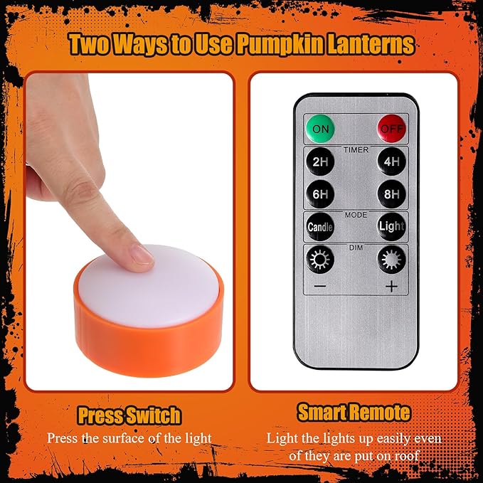 Riakrum 6 Pieces Remote Timer LED Lights with Remote LED Pumpkin Lights Battery Operated Lantern Bright Flameless Candle(Orange Purple)