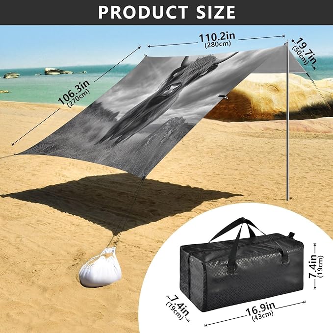 Highland Cow Gray Beach Tent Sun Shelter Set UPF50+ UV Protection 10.5 x 9.19 FT Camping Shade Canopy with Sandbags Sand Anchors Carrying Bag and Others