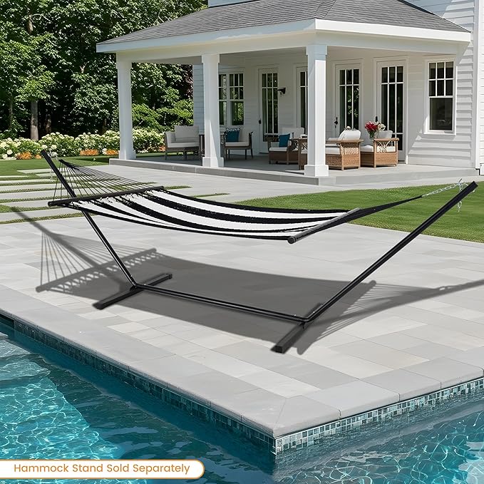 Lazy Daze Hammocks 10.5 FT Double 2 Person Caribbean Rope Hammock Hand Woven Polyester Hammock with Spreader Bars for Outside Outdoor Backyard Patio Poolside 450 LBS Capacity Black/White