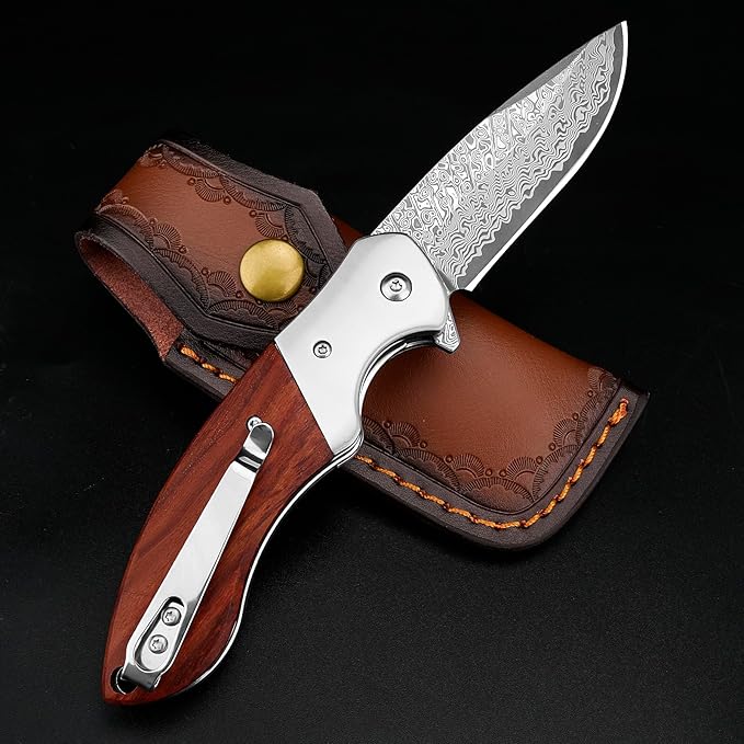 KOMWERO Damascus Pocket Knife Sharp Damascus Steel Knife with Core VG10 Steel Blade Wood Handle Folding Knife with Clip for Men Hunting 60 HRC