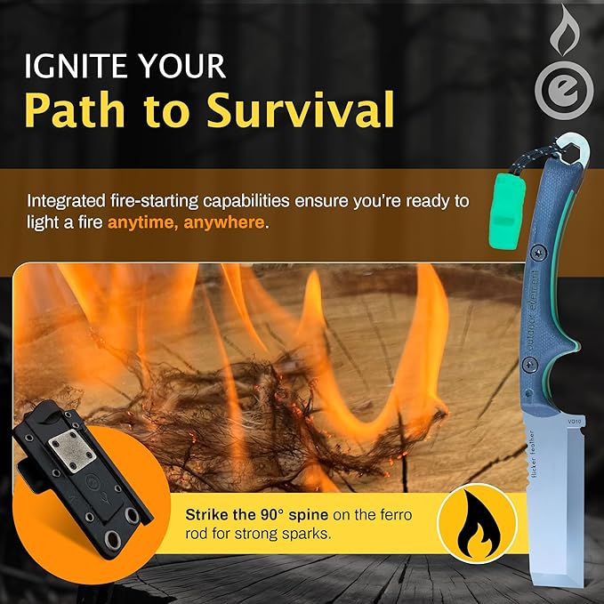 OUTDOOR ELEMENT Flicker Feather Knife Wise Owl GLOW - Right-Handed Survival Chisel Blade for Camping Hunting Culinary Knives &amp Bushcraft - Fixed Blade with Sheath Firestarter and Emergency Whis