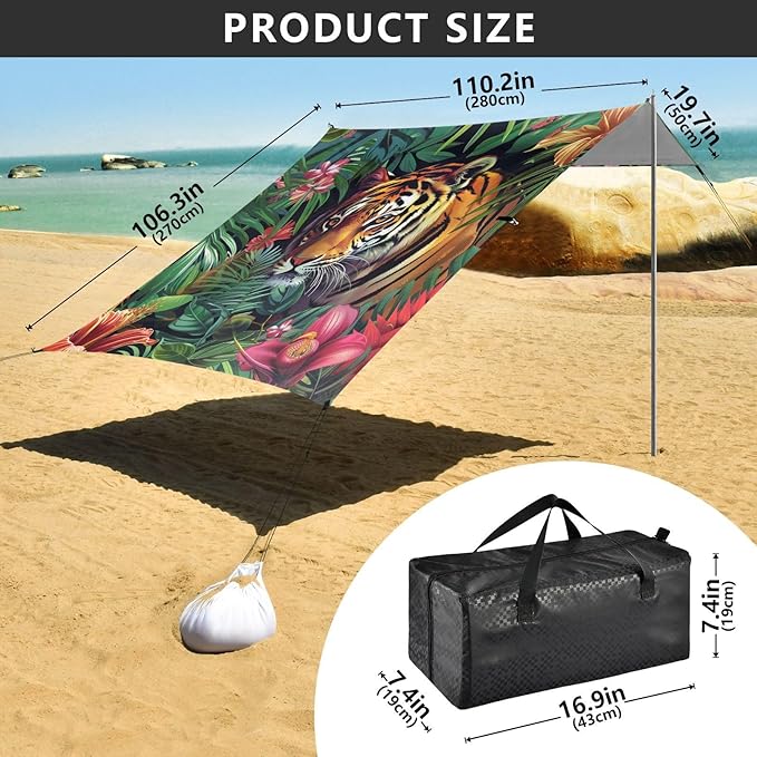 ALAZA Tropical Flowers and Tigers Beach Tent Sun Shelter Portable Canopy Sunshade for Outdoor Camping Picnics Backyard Fun 10x9 ft