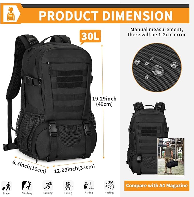HUNTVP 30L Tactical Backpack Military Backpack MOLLE Rucksack Gear Assault Pack Daypack for Hunting Camping Hiking Backpack(Black)