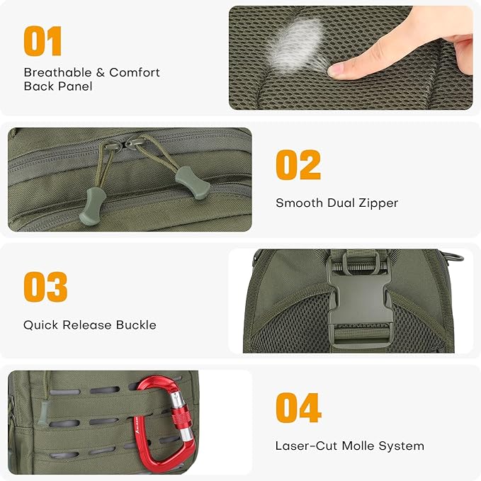 HUNTVP Sling Bag for Men Concealed Carry Bag Tactical Sling Bag Crossbody Molle CCW Chest Pack Backpack EDC Military Shoulder Bag with Holster &amp Accessory Slots Army Green