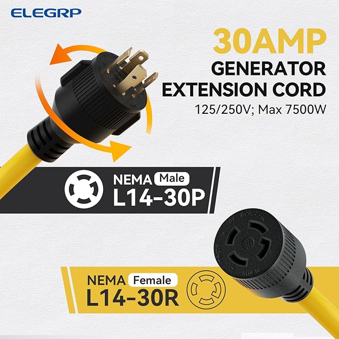 ELEGRP 30 Amp Generator Extension Cord 10 Feet 4-Prong NEMA L14-30P to L14-30R 120/250V Up to 7500W SJTW 10AWG/4C Locking Power Cord for Portable Generators Home Backup UL Standard Compliant